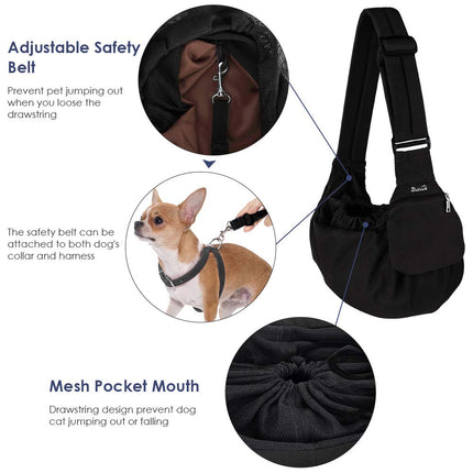 SlowTon Pet Sling Carrier, Comfortable Hard Bottom Support Small Dog Papoose Sling Adjustable Padded Shoulder Strap Hand Free Puppy Cat Carry Bag with Drawstring Opening Zipper Pocket Safety Belt
