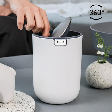 EKO 1.5L Mini Desk Bin with Swing-Top Lid,Small Round Tabletop Rubbish Bin and Storage Pot for Stationery, Makeup and Small Waste, Desktop Bin for Office, Home or Car (White)