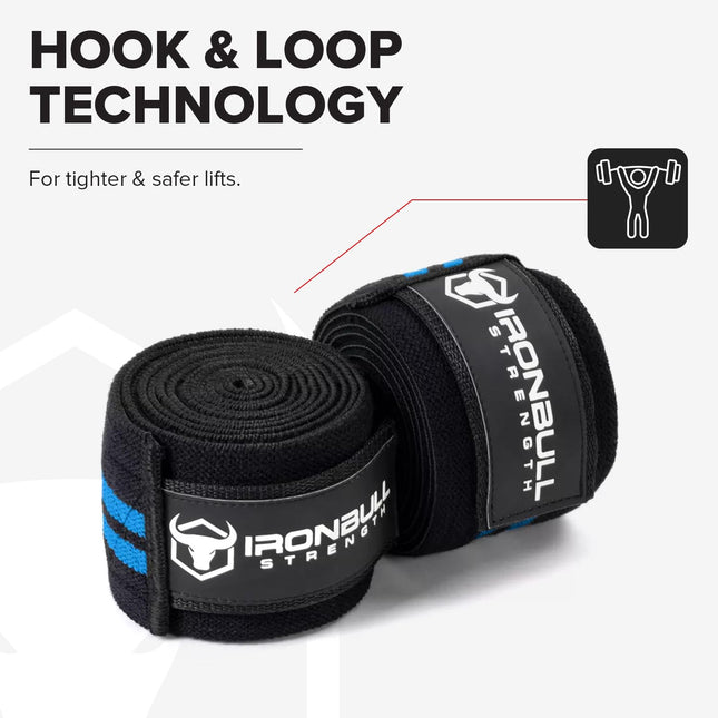 Iron Bull Strength Knee Wraps (1 Pair) - 80" Elastic Knee Support & Compression - For Weightlifting, Powerlifting, Fitness, CrossFit WODs & Gym Workout - Knee Straps for Squats (Black/Blue)