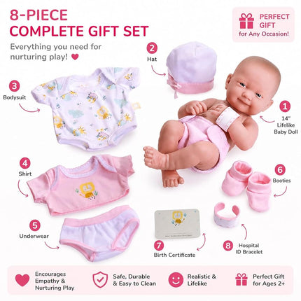 JC Toys Rubber Baby Doll with Set of Pink Clothes, Multicolour (18543_A)
