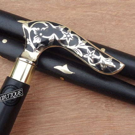Brass Handle Victorian Foldable Wooden Walking Stick Cane Ideal Vintage Gift Men Women Father/Mother (Black Victorian)