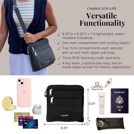 Baggallini Securtex Anti-Theft Crossbody 8.25" Small / 10" Large Travel Purse with RFID Card Slots & Cut-Resistant Strap, Black, Small 8.25"w x 8.25"h