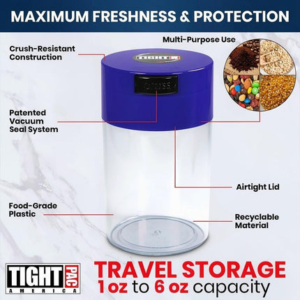 TIGHTVAC - 1 oz to 6 ounce Vacuum Sealed Storage Container - Dark Blue Cap & Clear Body