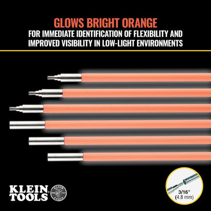 Klein Tools 50153 15-Foot Lo-Flex Flex Glow Fish Rod Set, (3) 1/4-Inch Fish Rods, Adapter, Bullet Nose, Attachments, Splinter Guard Coating