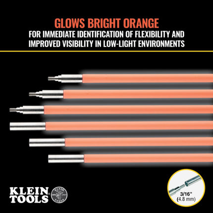 Klein Tools 50303 30-Foot Lo-Flex Glow Fish Rod Set, (6) 5-Foot Fiberglass Rods, Adapter, Bullet Nose, Illuminated Tip, Splinter Guard Coating