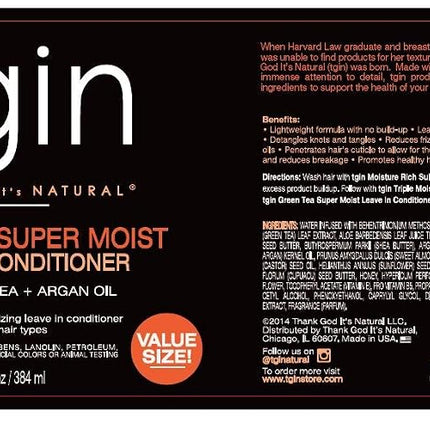 tgin Green Tea Super Moist Leave in Conditioner for Curly, Coily and Wavy Hair, with Argan Oil, Shea Butter and Green Tea, Moisturizes and Nourishes Dry Hair, 13 oz