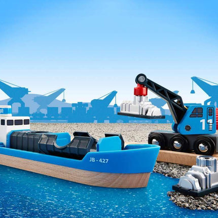 BRIO World Harbour Freight Ship Boat and Crane for Kids Age 3 Years Up - Wooden Railway Accessories & Add Ons