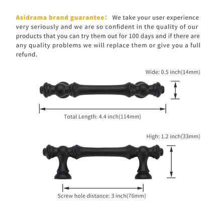 Asidrama 10 Pack 3 Inch(76mm) Matte Black Kitchen Cabinet Handles, Cabinet Pulls Kitchen Cabinet Hardware for Cupboard Drawer Pulls