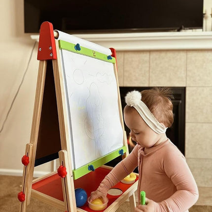 Hape All-in-1 Easel | Award-Winning Double-Sided Kids Standing Easel Adjustable Height Stand with Paper Roll, Chalkboard, Whiteboard, Magnets and 3 Paint Pots