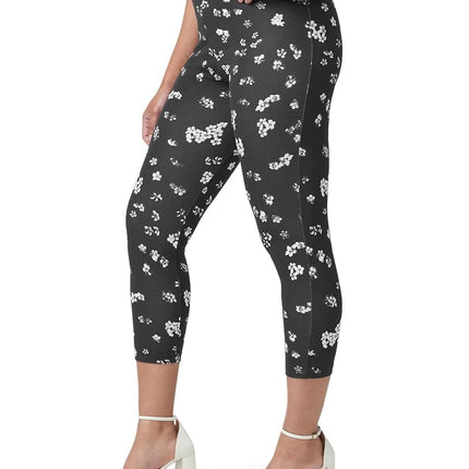 HUE Women's Wide Waistband Blackout Cotton Capri Leggings, Assorted, Black Floral, S