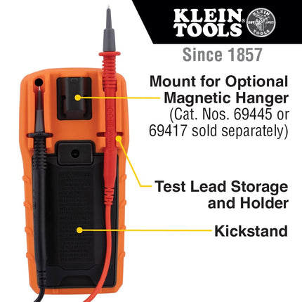 Multímetro digital Klein Tools MM420, multímetro TRMS de rango automático, voltaje de 600 V CA/CC, corriente de 10 A CA/CC, resistencia de 50 M ohmios, naranja/negro
