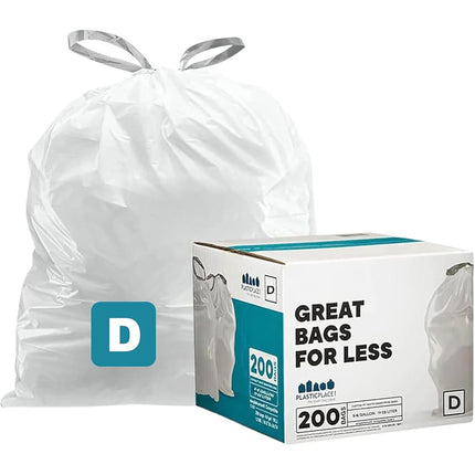 Plasticplace Custom Fit Trash Bags │ simplehuman (x) Code D Compatible (200 Count) │ White Drawstring Garbage Liners 5.2 Gallon / 20 Liter │ 15.75" x 28"
