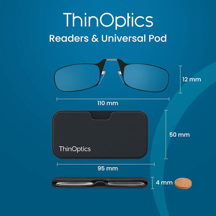 ThinOptics Folding Reading Glasses 2.00, Black, Case, for Men and Women
