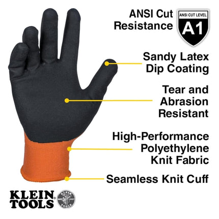 Klein Tools 60835 Gants de travail d'hiver, tricotés enduits, résistants aux coupures ANSI A1, enduits de latex sablé, doublés en polaire, compatibles écran tactile, taille M