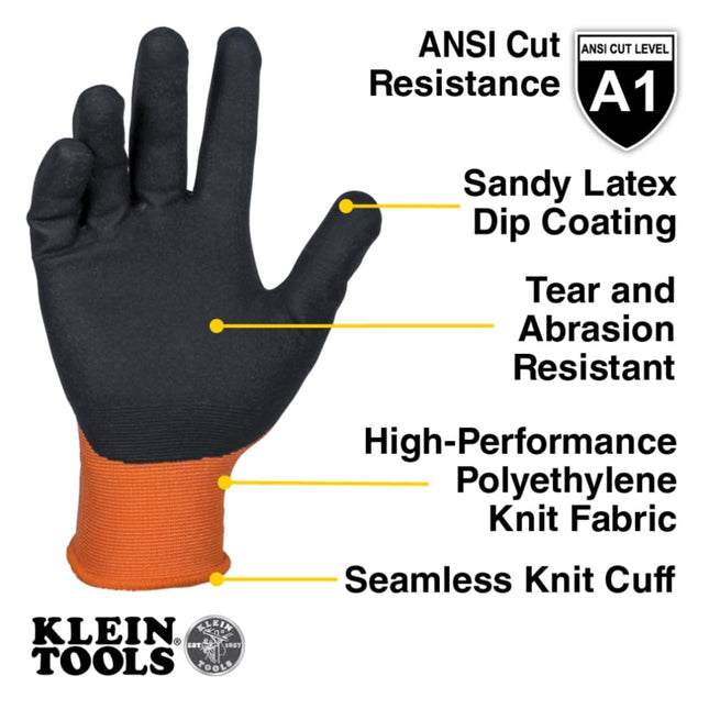 Klein Tools 60835 Winter Work Gloves, Knit Dipped ANSI A1 Cut Resistant Gloves, Sandy Latex Coated, Fleece-Lined, Touchscreen Capable, Medium