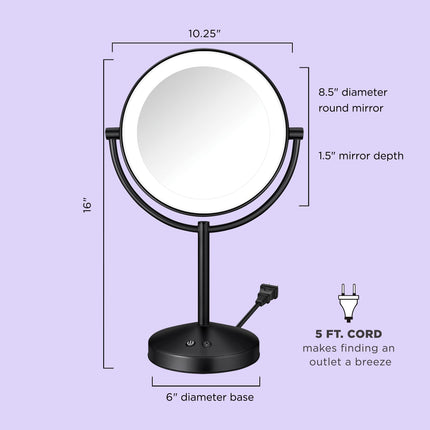 Espejo de Maquillaje Iluminado Conair, Espejo de Tocador LED de Doble Cara con Aumento 1X/10X, 3 Ajustes de Luz, 3 Modos, Rotación de 360°, Acabado Negro Mate