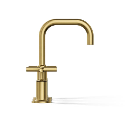 Grifo de lavabo de baño Purist KOHLER K-14406-3-2MB, manijas cruzadas bajas extendidas y caño de cuello de cisne bajo, latón moderno cepillado vibrante
