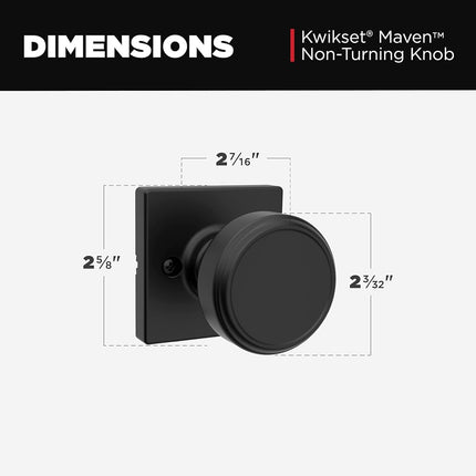 Kwikset Maven Dummy Door Knob, Single Sided Handle for Closets, French Double Doors, and Pantry, Matte Black Non-Turning Square Interior Push/Pull Door Knob, with Microban Protection