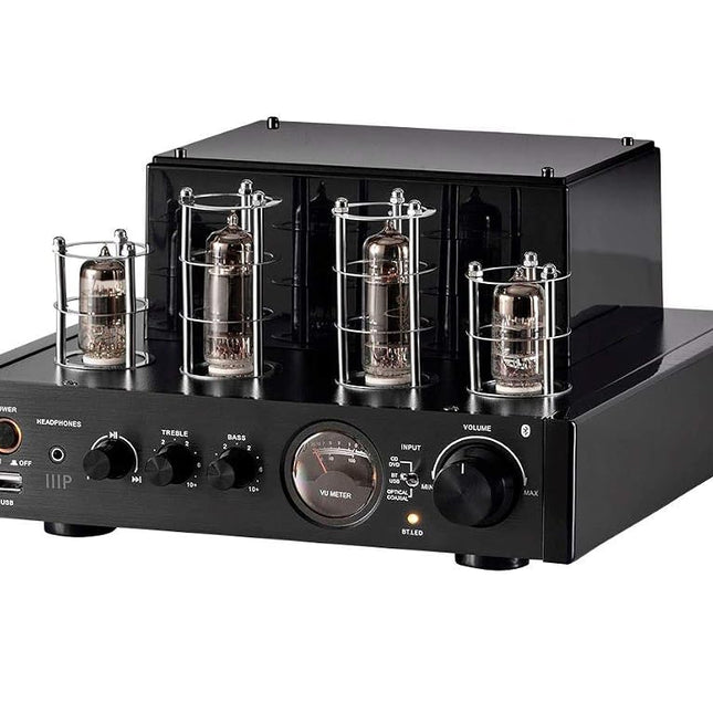 Monoprice 138360 25 Watt Stereo Hybrid Tube Amplifier 2019 Edition with Bluetooth Optical Coaxial and USB Inputs and Subwoofer Out
