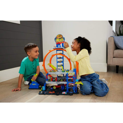 Hot Wheels Mega Loop Garage Track Set with Toy Car & Helicopter