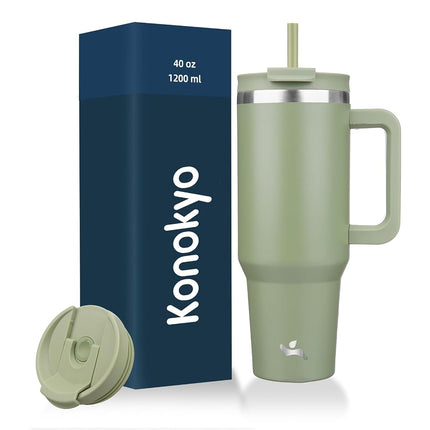 Gobelet Konokyo 40 oz avec poignée et 2 pailles, bouteille d'eau isolée 2 en 1 avec couvercle, tasse de voyage à café en acier inoxydable, vert armée
