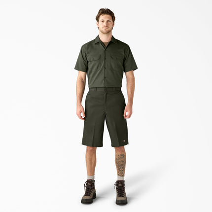 Pantalones Cortos de Trabajo Dickies para Hombre, Ajuste Holgado, Parte Delantera Plana, Verde Oliva, 30 Regular