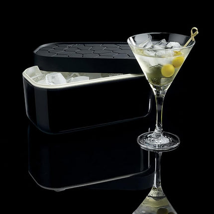Lekue Ice Box | Ice Cube Tray for Freezer with Lid & Bin | Made with 100 Percent Platinum Silicone | Elegant and Retro Style Ice Cubes | for Cocktails, Ice Tea & Coffee and More | Black