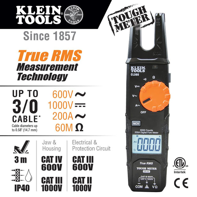 Klein Tools CL360 Comprobador eléctrico CL360, medidor de voltaje sin contacto de horquilla de mordaza abierta con tecnología TRMS, con estuche, puntas de prueba y baterías