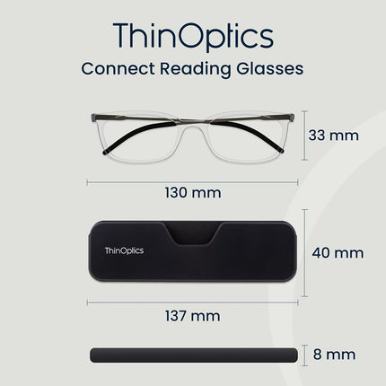 ThinOptics Reading Glasses 2.00, Clear, Case, for Men and Women, Foldable