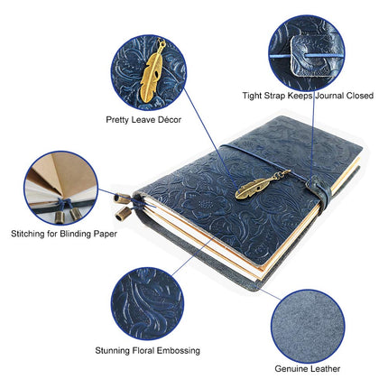 Refillable Leather Journal, Handmade Notebook with Bookmark for Men & Women, Vintage Notebook perfect for writing, gifts, travelers (Blue, Standard)