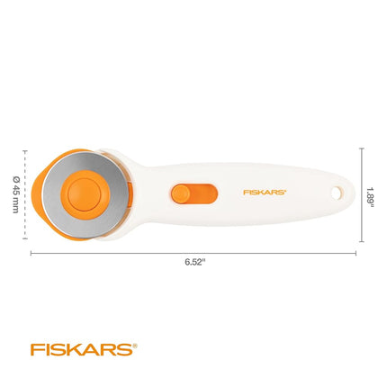 Fiskars Premium Stick Rotary Cutter (45 mm), White | Precision-Ground Steel Blade for Long-Lasting Sharpness, Cuts Multiple Layers of Fabric, Ambidextrous, Safe Slide-Lock