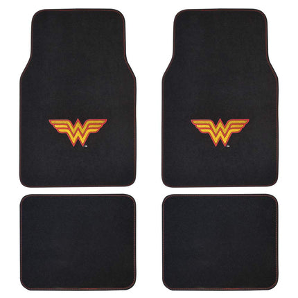 BDK Warner Bros DC Comics Alfombrillas Clásicas de Wonder Woman para Coche - Juego de 4 piezas de Ajuste Universal para Coche, Camioneta, Furgoneta, SUV, Delanteras 66 cm x 42 cm, Traseras 35.5 cm x 42 cm con Agarre Antideslizante