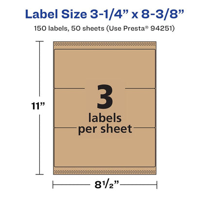 Etiquetas rectangulares Avery Kraft Marrón con Sure Feed, 3-1/4" x 8-3/8", 150 etiquetas kraft marrón, etiquetas imprimibles con láser/inyección de tinta