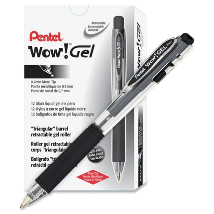 Pentel WOW! Gel Retractable Gel Pen 0.7mm Medium Line Black Ink, Box of 12 (K437-A)