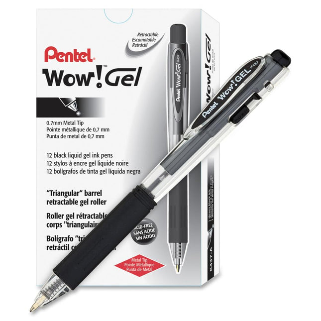 Pentel WOW! Gel Retractable Gel Pen 0.7mm Medium Line Black Ink, Box of 12 (K437-A)