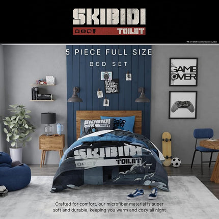 Franco Skibidi Toilet Gamer Bedding 5 Piece Super Soft Reversible Comforter and Sheet Set Full, (Officially Licensed Product)