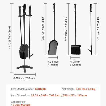 VEVOR Fireplace Tool Set, 4 PCS Fire Tool Set and Holder with Three-Prong Stand, Ash Shovel, Brush, Fire Place Poker, Wrought Iron Fireplace Accessories for Campfire Indoor/Outdoor, Black