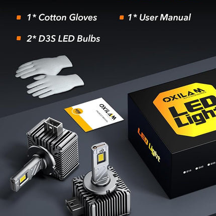OXILAM D3S D3R 2025 LED Bulbs, 900% Ultra Bright 60W, Pure White 6500K Brighter than Xenon Easy Installation, Plug N-Play Easy Installation, 20 Years Lifespan, No Flicker, Compatibility