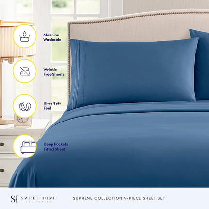 Twin Sheets - Breathable Luxury Sheets with Full Elastic & Secure Corner Straps Built In - 1800 Supreme Collection Extra Soft Deep Pocket Bedding Set, Sheet Set, Twin, Denim