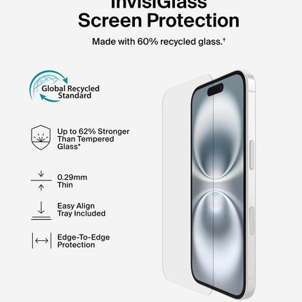 Belkin ScreenForce InvisiGlass Treated Screen Protector for iPhone 16, iPhone 15, & iPhone 14 Pro, Scratch-Resistant Impact Protection w/Included Easy Align Tray for Bubble Free Application - Made