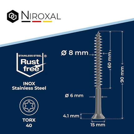 Wood Screws 8 x 90 mm Stainless Steel 304 TORX Countersunk Head Chipboard Screws Timber Screws Partial Thread A2 100 Pack