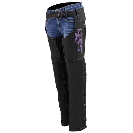Milwaukee Leather SH1182 Chaparreras de Moto de Piel Negra y Textil Morado con Bordado Tribal para Mujer - Talla XS