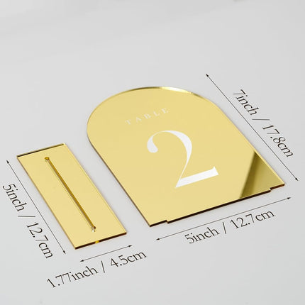 JINMURY Gold Wedding Table Numbers 1-15 With Stands, 15 Pack 5x7" Acrylic Arch Sign for Reception (Gold Mirror)
