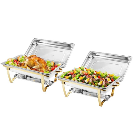 Takywep Chafing Dish Buffet Set 2 Pack, 8 Qt Stainless Steel Chafer Buffet Servers and Warmers Sets with Lid Folding Frame, Rectangular Chafing Dishes for Parties, Weddings, Catering Events, Gold