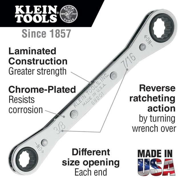 Klein Tools 68201 Ratcheting Box Wrench 3/8-Inch x 7/16-Inch with Reverse Ratcheting and Chrome Plated Finish