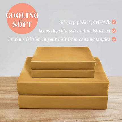 Elegant Comfort Luxurious 4-Piece Silky Satin Sheet Set, Skin and Hair Friendly, Wrinkle, Fade, Stain Resistant with Deep Pockets Fitted Sheet, Cooling Soft Satin Sheet Set, Queen, Gold
