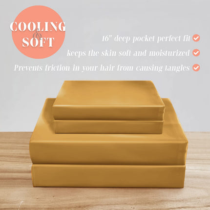 Elegant Comfort Luxurious 4-Piece Silky Satin Sheet Set, Skin and Hair Friendly, Wrinkle, Fade, Stain Resistant with Deep Pockets Fitted Sheet, Cooling Soft Satin Sheet Set, Queen, Gold