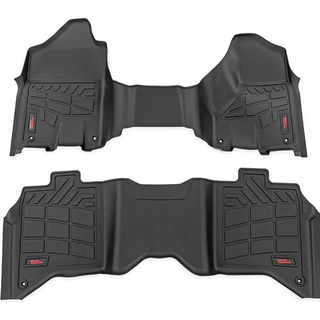 Rough Country Sure-Fit Floor Mats for Ram 2500/3500 (2019-2024) - Fits Crew Cab w/Front Bench Seat - Flexible Rubber, Raised Lip, All Weather Protection, Front & Back Floor Mats