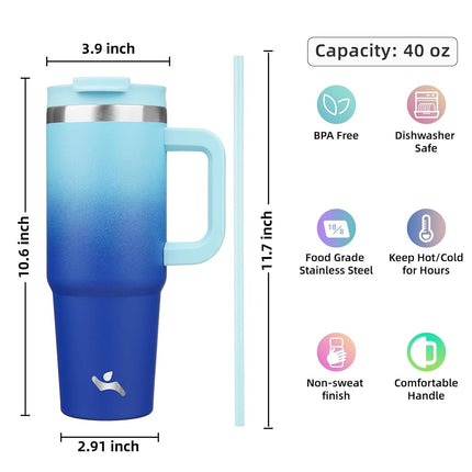 Gobelet Konokyo 40 oz avec poignée et 2 pailles, bouteille d'eau isotherme 2 en 1 avec couvercle, tasse de voyage à café en acier inoxydable, couleur ciel