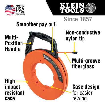 KLEIN TOOLS 56383 Fish Tape, Multi-Groove Fiberglass Wire Puller with Nylon Tip, Optimized Housing & Handle, 100-Foot